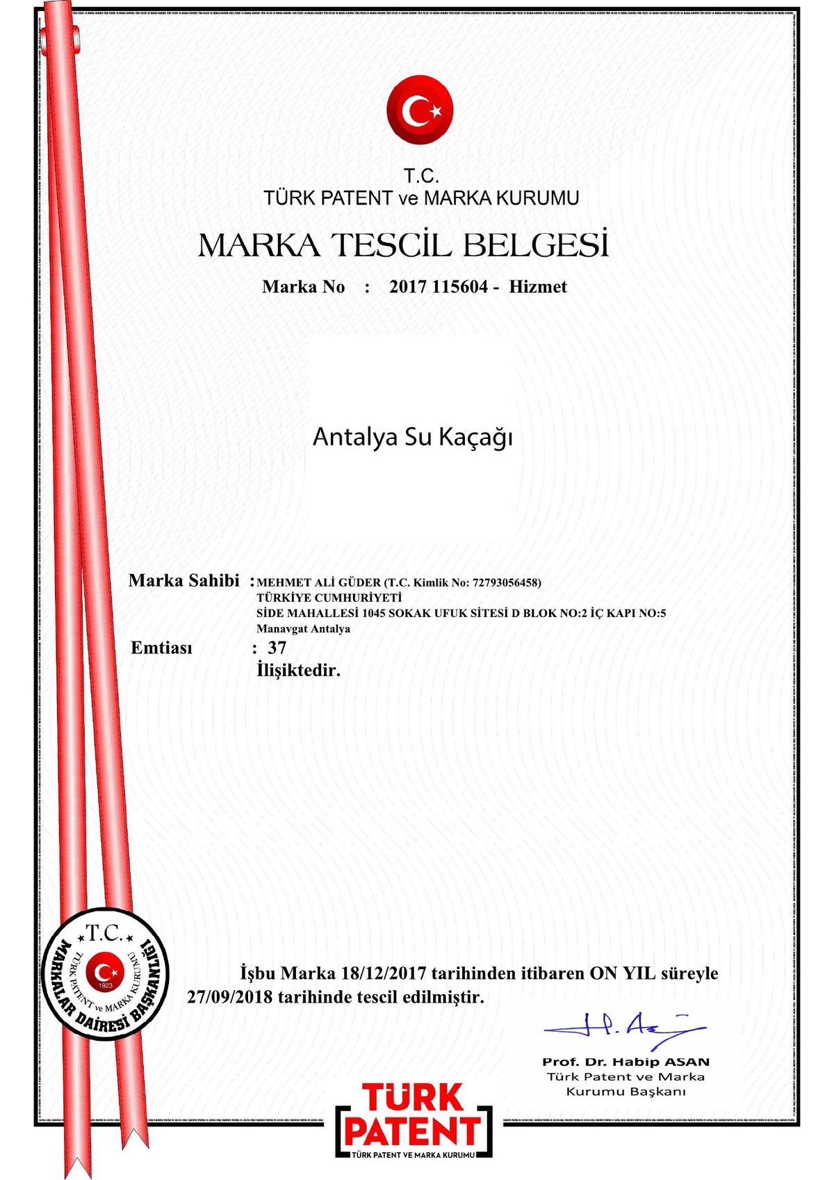 Antalya Su Kaçağı Marka Tescil Belgesi - Türk Patent ve Marka Kurumu 2017/115604